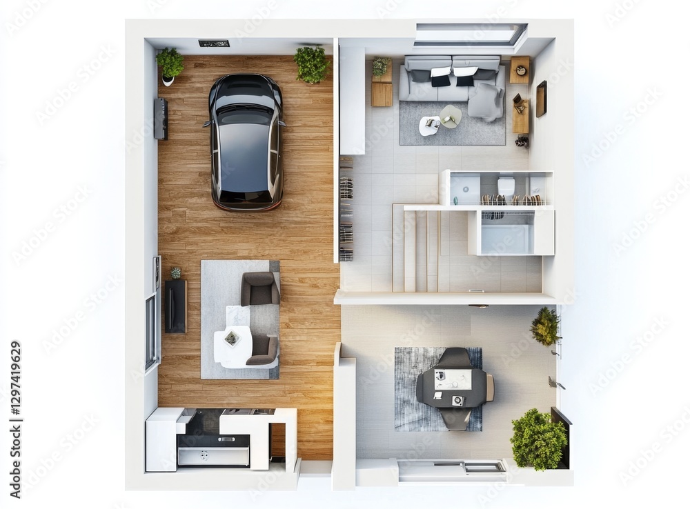 Modern home floor plan, garage, living area, kitchen, dining Modern home floor plan, garage, living area, kitchen, dining