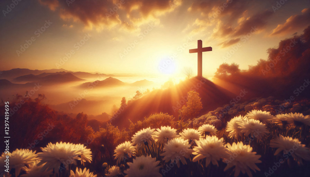 Fototapeta premium Sunlight at hilltop with silhouette cross