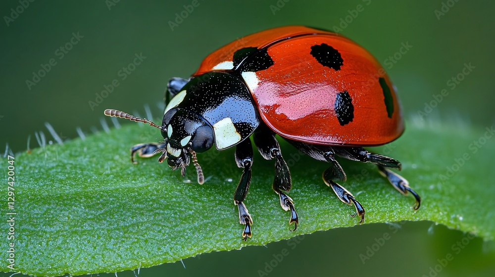 Fototapeta premium Detailed Ladybug Macro Photography for Nature Enthusiasts - Closeup View of Spotted Beetle Crawling on Green Leaf