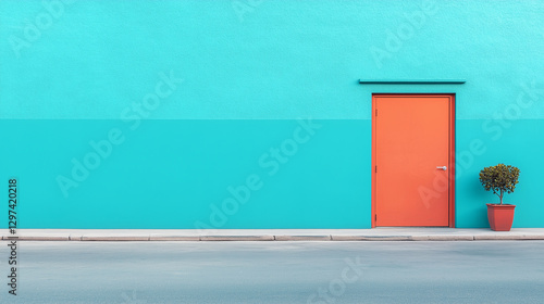 vibrant turquoise wall with orange door and potted plant creates striking visual contrast.