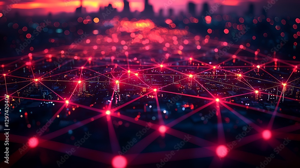 Fototapeta premium Network Connections Over A Night Cityscape