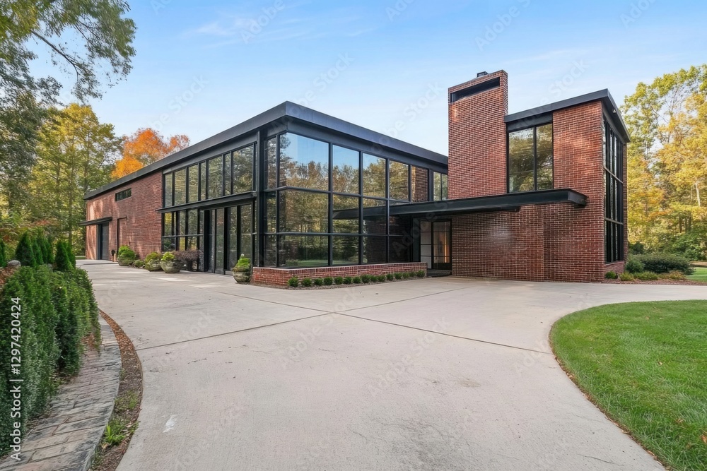 A contemporary architectural masterpiece features a striking glass and brick house elegantly positioned amidst vibrant, lush greenery on a sunny autumn day A contemporary architectural masterpiece features a striking glass and brick house elegantly positioned amidst vibrant, lush greenery on a sunny autumn day