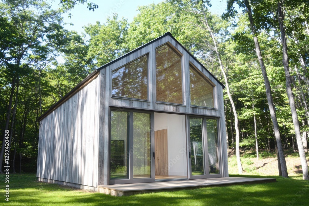Modern architectural design of a spacious cabin surrounded by lush green trees in a forested area during bright daylight Modern architectural design of a spacious cabin surrounded by lush green trees in a forested area during bright daylight