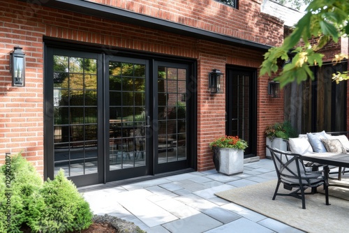 Wallpaper Mural Nestled in a tranquil garden, this elegant outdoor patio features contemporary furniture paired with a stylish brick wall design, all basking in the warm sunlight of a beautiful day Torontodigital.ca
