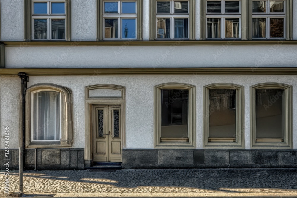 Obraz premium The charming street presents a picturesque view of a historic building featuring expansive windows and an intricately designed entrance.