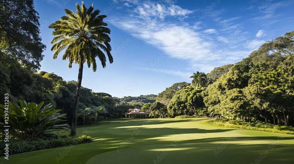 Tropical golf course fairway with palm tree and clubhouse Tropical golf course fairway with palm tree and clubhouse
