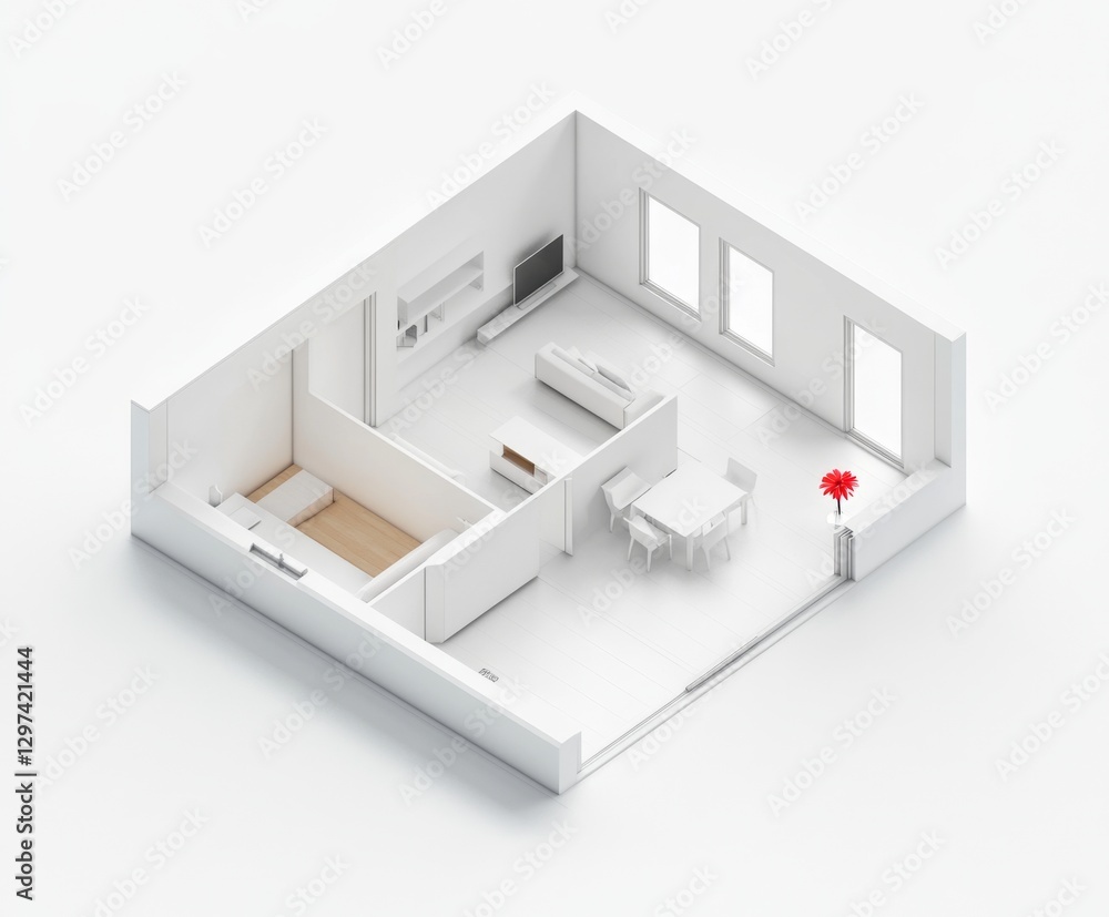 Minimalist white apartment floor plan, furniture arrangement, modern interior design Minimalist white apartment floor plan, furniture arrangement, modern interior design