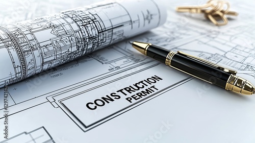Close-up of a construction permit and blueprint plans with a stylish black and gold pen, ideal for construction projects.