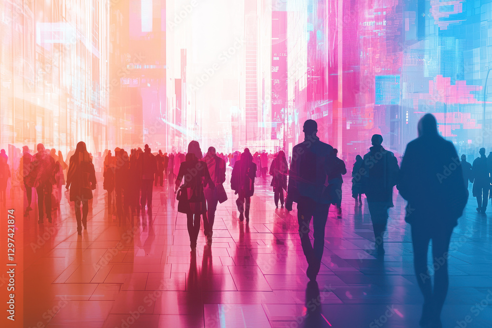 A diverse group of people walking in vibrant smart city, showcasing technological innovation and connectivity A diverse group of people walking in vibrant smart city, showcasing technological innovation and connectivity