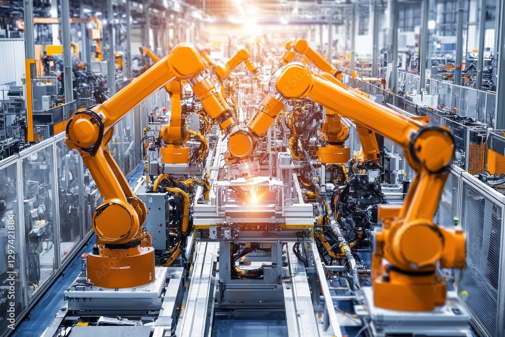 A factory floor with robotic arms working efficiently, showcasing technology and innovation in automation A factory floor with robotic arms working efficiently, showcasing technology and innovation in automation