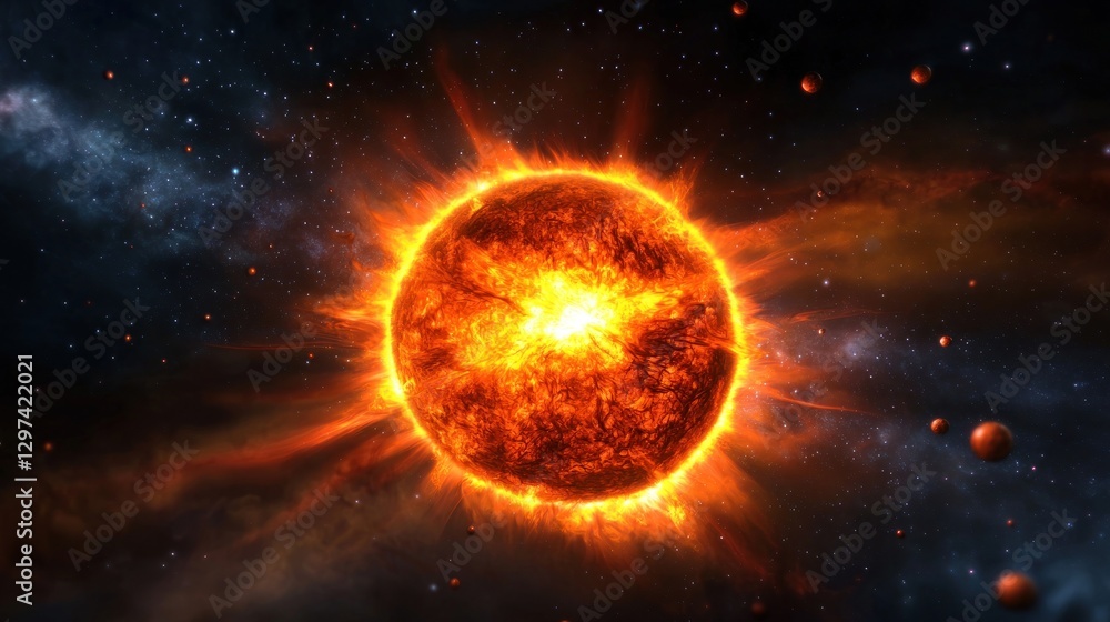Vibrant depiction of a fiery sun surrounded by planets in a cosmic space environment Vibrant depiction of a fiery sun surrounded by planets in a cosmic space environment