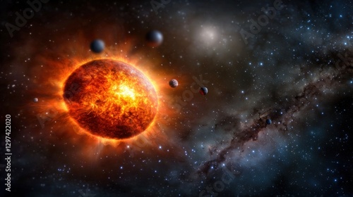 A vibrant depiction of a fiery sun surrounded by planets in a cosmic landscape