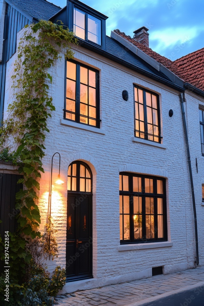 Fototapeta premium Charming white brick house adorned with warm lighting in a quiet neighborhood during twilight hours, showcasing beautiful architecture and inviting atmosphere