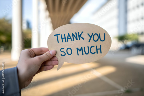 Hand holding a speech bubble with thank you so much message in an outdoor setting, expressing gratitude and appreciation