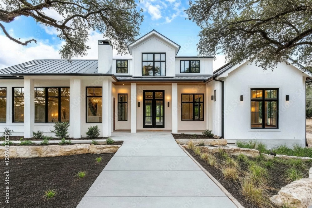 A contemporary white house featuring expansive windows and a beautifully landscaped front yard, situated in a peaceful neighborhood under bright daylight A contemporary white house featuring expansive windows and a beautifully landscaped front yard, situated in a peaceful neighborhood under bright daylight