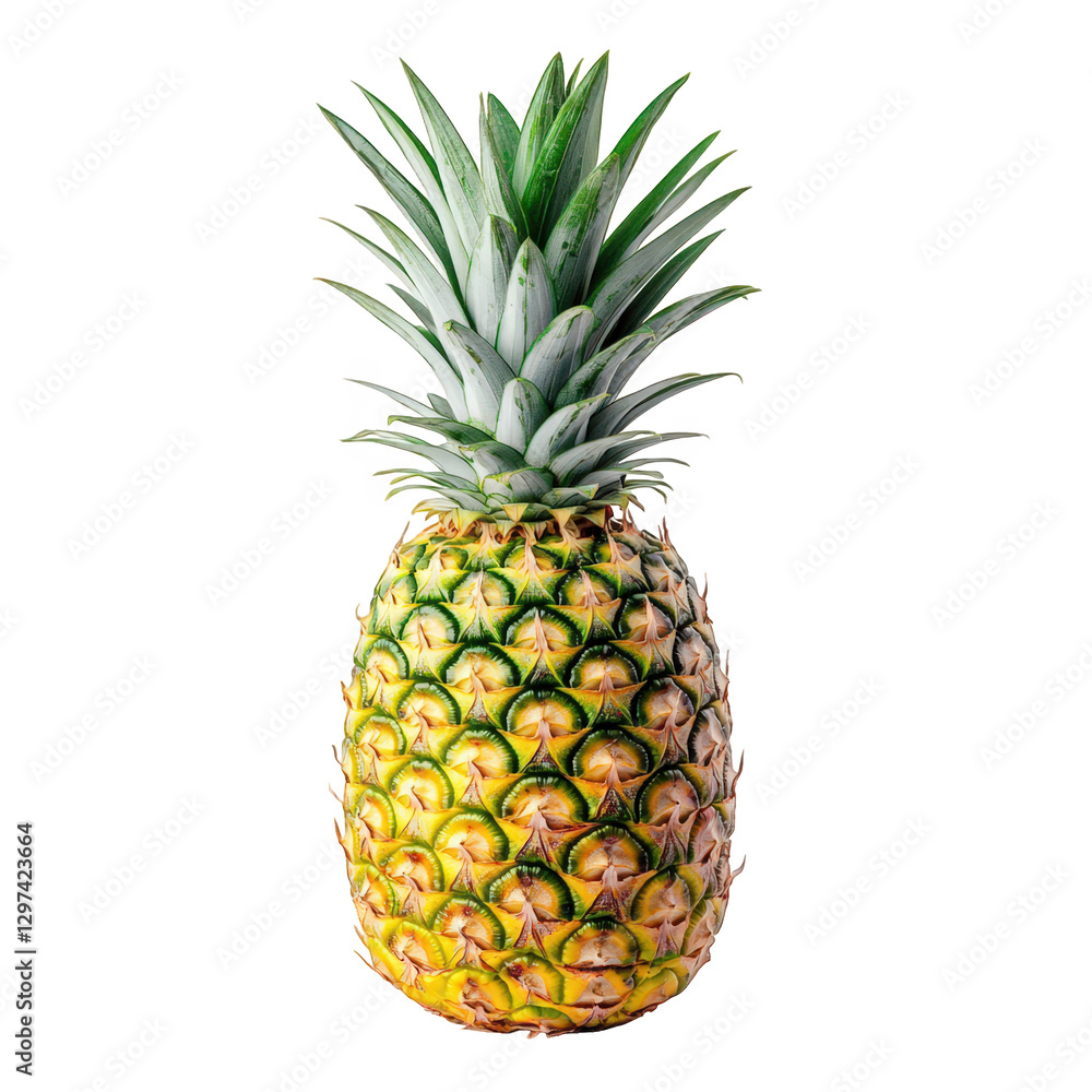 Fototapeta premium a fresh pineapple stands upright against a plain white background. showcasing its vibrant yellow and green colors. spiky texture. and leafy crown. emphasizing its natural beauty and tropical appeal id