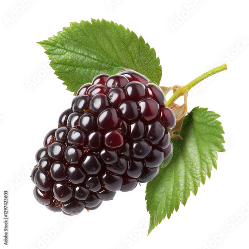 ripe blackberry resting on two green leaves. showcasing its glossy. dark purple-black color and the characteristic round drupelets the composition highlights the fruit's natural beauty. making it suit photo