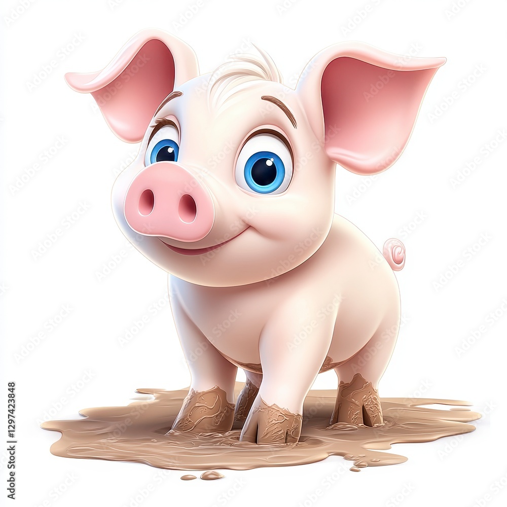 Naklejka premium Adorable Pink Piglet in Mud Puddle A Digital Illustration