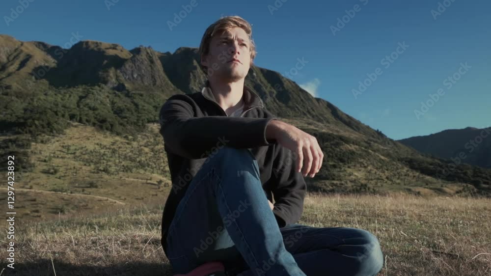 A man sits on the side of a mountain and enjoys the view. A man sits on the side of a mountain and enjoys the view.