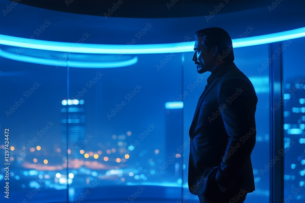 A man wearing a suit looks out a large city window A man wearing a suit looks out a large city window