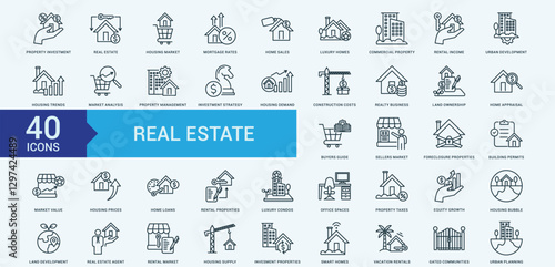 Real estate icon collection set with property investment, real estate, housing market, mortgage rates, home sales