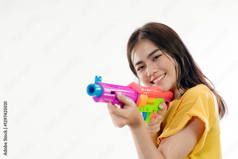 Beautiful smiling Thai woman holding a colorful water gun against white background in studio photography setting with professional color grading. Beautiful smiling Thai woman holding a colorful water gun against white background in studio photography setting with professional color grading.