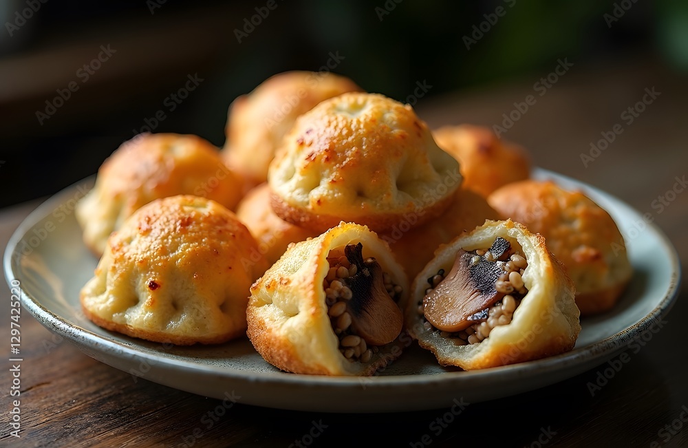 A plate of crispy taro puffs stuffed with minced pork and mushrooms. A plate of crispy taro puffs stuffed with minced pork and mushrooms.