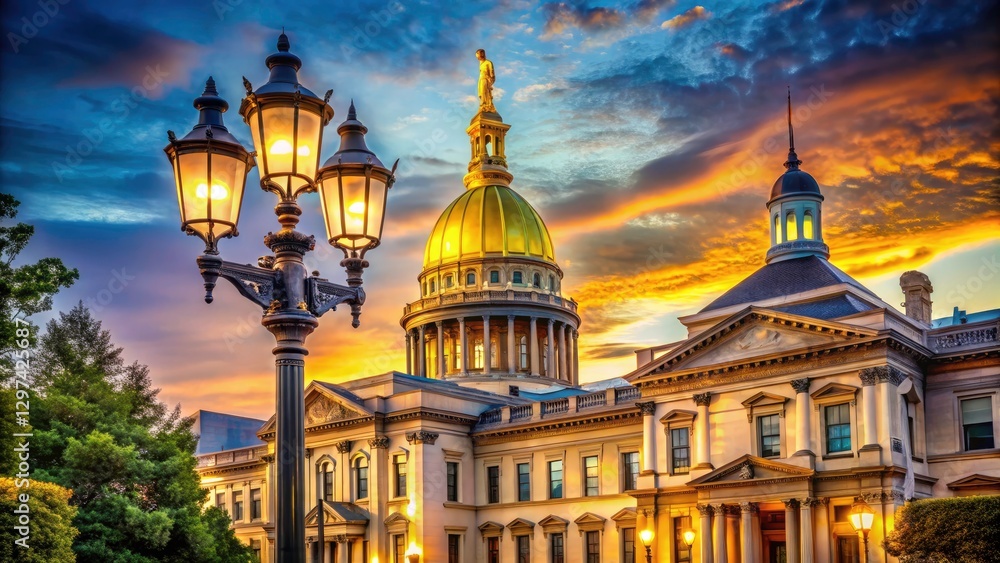 Fototapeta premium New Jersey Statehouse Golden Dome Trenton Historic Lamp Post Architectural Photography