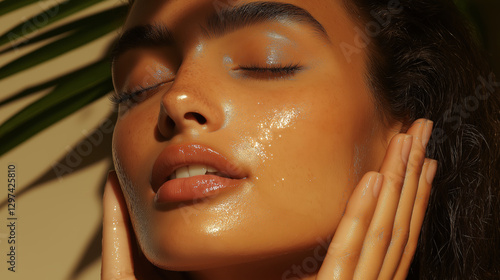 Wallpaper Mural Beautiful woman touching face with glowing, healthy skin and palm leaf shadow Torontodigital.ca