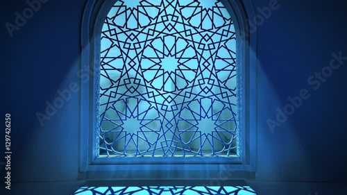 Blue Moroccan Window with Light Streaming in and Intricate Design