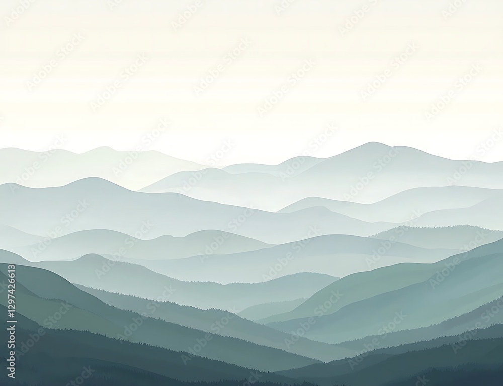 Minimalist Sunrise Over Blue Ridge Mountains in Green and Gray Tones. Flat design, minimalistic, simple shades, and serene atmosphere. Minimalist Sunrise Over Blue Ridge Mountains in Green and Gray Tones. Flat design, minimalistic, simple shades, and serene atmosphere.