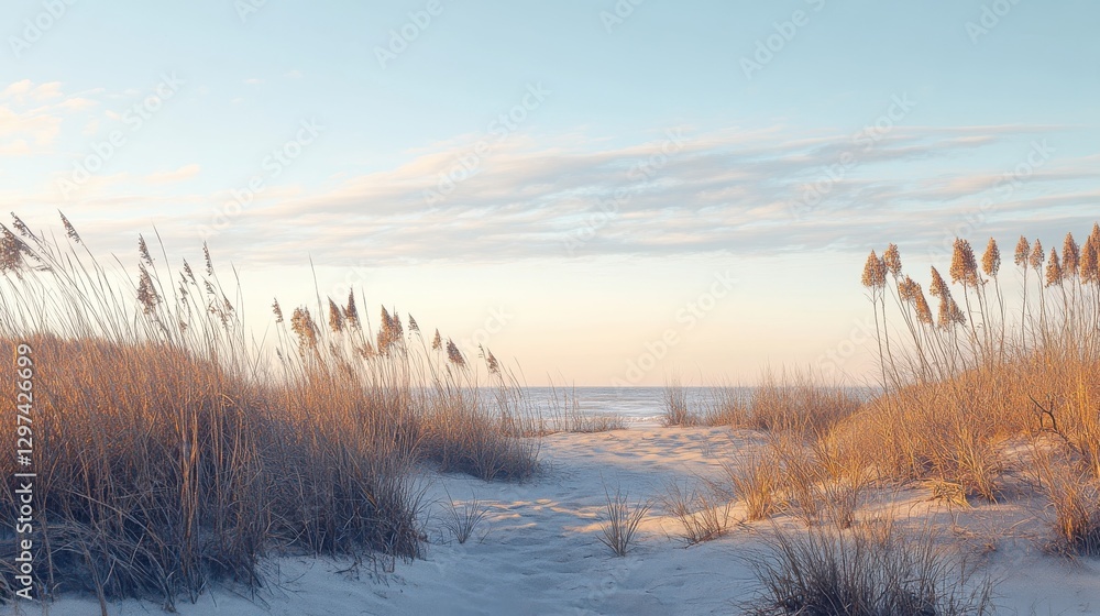 Tranquil Beach Scene at Sunset with Tall Grasses and Gentle Waves Reflecting Soft Warm Light of Evening Sky Tranquil Beach Scene at Sunset with Tall Grasses and Gentle Waves Reflecting Soft Warm Light of Evening Sky