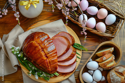 Easter Sunday Resolution with Ham, Eggs, Bread on Wooden Plate and Easter Decorations on Table with Natural Light