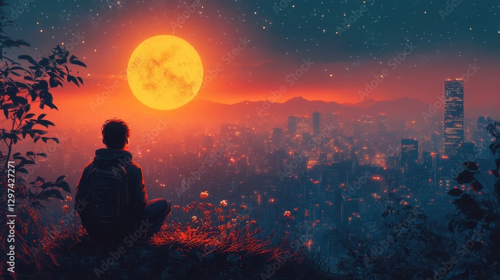 Fototapeta premium Silhouetted Figure with Backpack Observes a Bright Full Moon Over Illuminated Cityscape at Night, Surrounded by Lush Foliage and Starry Sky