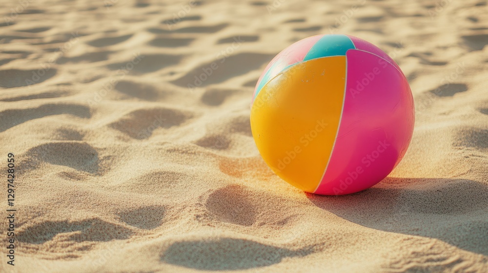 Beach ball on golden sand. Summer vibes!