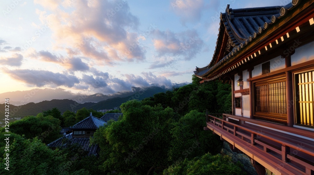Serene sunset view from a traditional Asian building overlooking lush mountains and clouds Serene sunset view from a traditional Asian building overlooking lush mountains and clouds