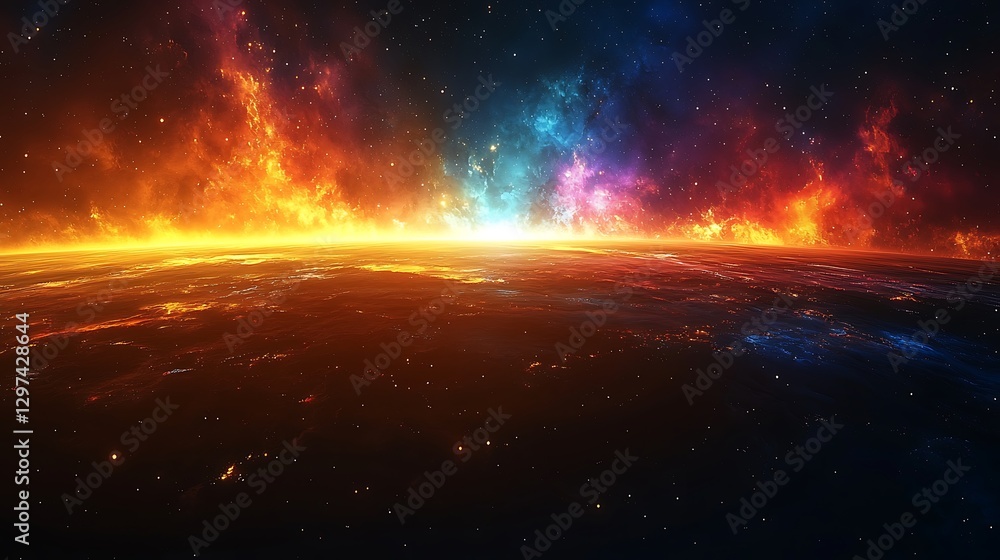 Fototapeta premium Fiery cosmic sunrise over a molten planet