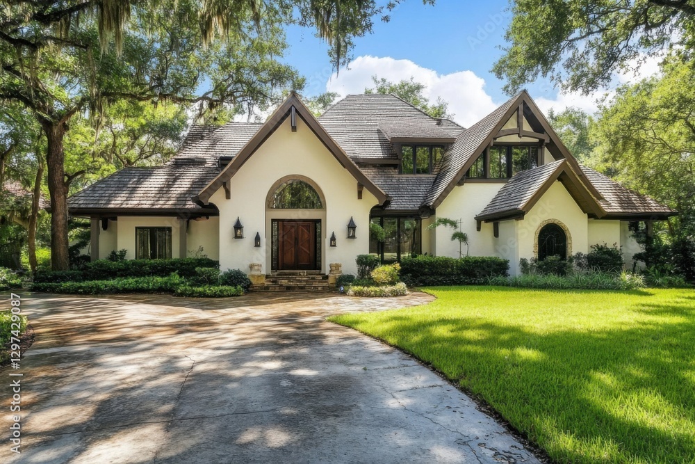 Beautiful modern house surrounded by lush greenery in a peaceful suburban neighborhood showcases a grand entrance and elegant architecture under a clear blue sky Beautiful modern house surrounded by lush greenery in a peaceful suburban neighborhood showcases a grand entrance and elegant architecture under a clear blue sky