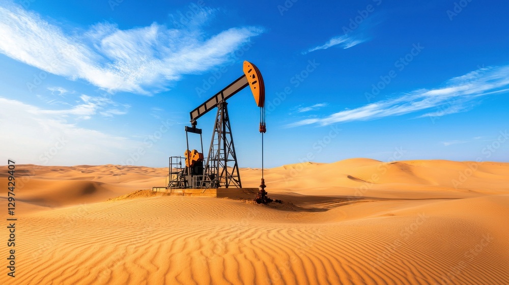Fototapeta premium Onshore oil drilling pumpjack operating in remote desert landscape with blue sky and horizon Concept of energy production fossil fuel extraction and natural resource industry
