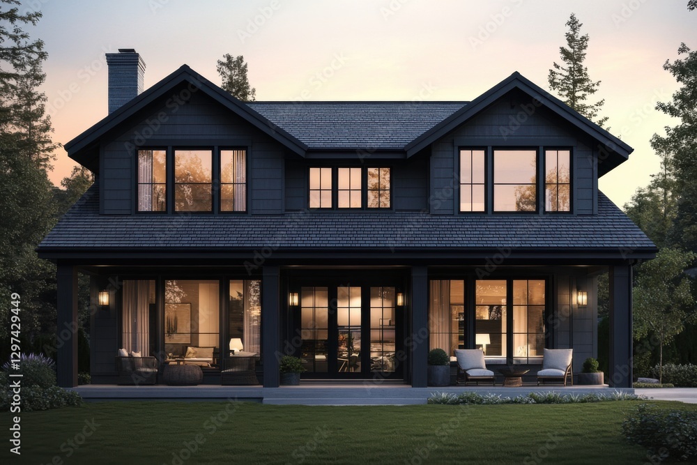 Modern black house with large windows nestled among lush trees during sunset, showcasing inviting outdoor seating and warm interior lighting Modern black house with large windows nestled among lush trees during sunset, showcasing inviting outdoor seating and warm interior lighting
