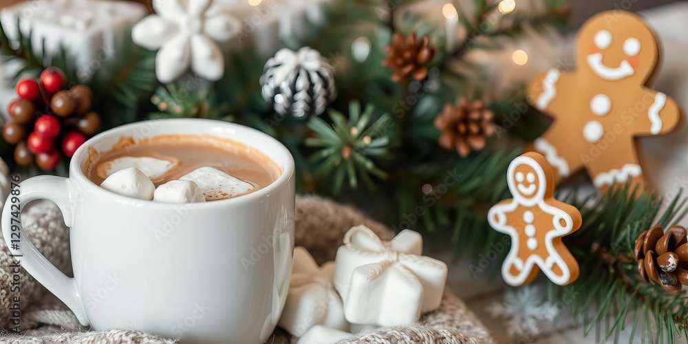 Cozy winter scene with gingerbread man, hot cocoa, marshmallow, Christmas fir branch, marshmallow, hot cocoa, decoration Cozy winter scene with gingerbread man, hot cocoa, marshmallow, Christmas fir branch, marshmallow, hot cocoa, decoration