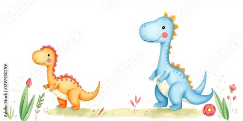 Fototapeta Naklejka Na Ścianę i Meble -  Cute and colorful vector watercolor style illustrations of baby dinosaur characters playing and exploring, perfect for kids' designs and products, dinosaur, cute, kids