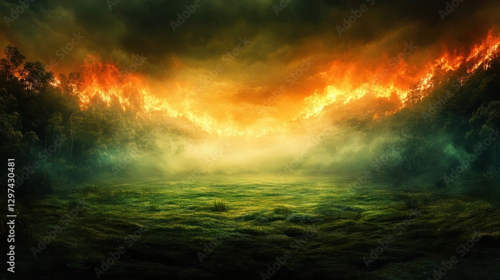 Obraz premium Dramatic Landscape of Fiery Forest in Dusk with Lush Greenery and Smoke Amidst Wildfire Threatening Nature's Beauty