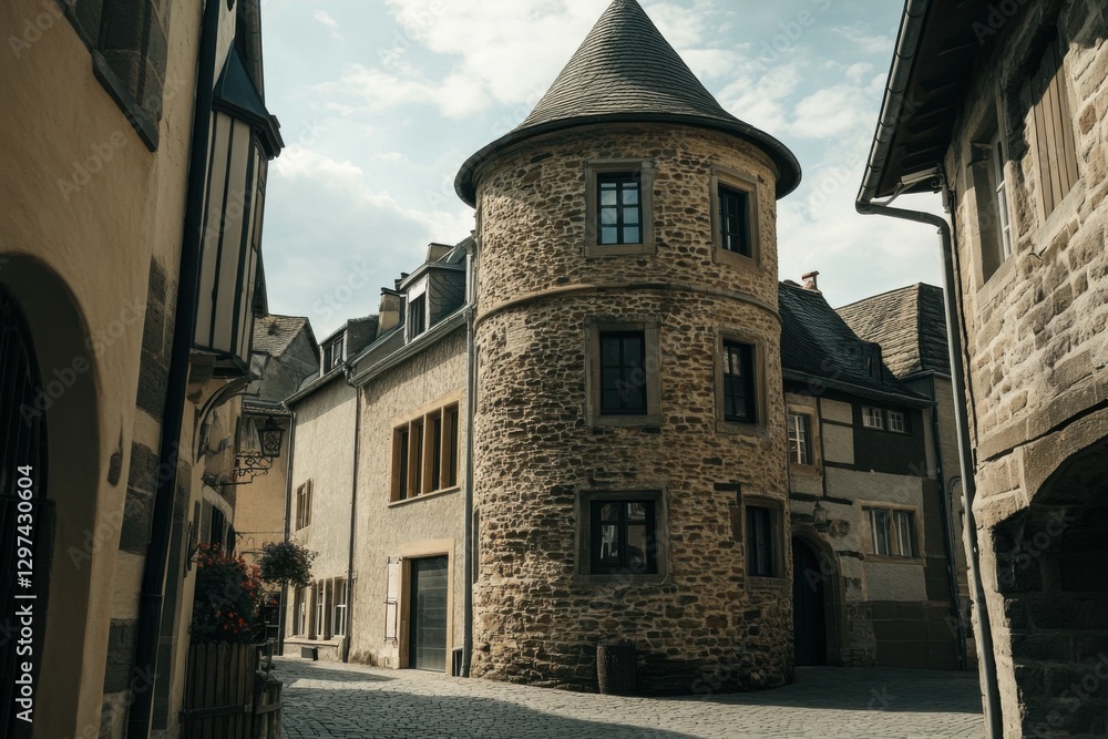 Naklejka premium Historic stone building in a charming European village with narrow cobblestone streets and traditional architecture captured on a cloudy day