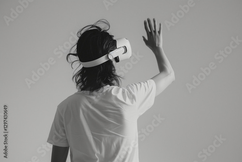 Man with long hair in white t-shirt wearing an Apple Vision Pro VR headset, hand raised and back turned, against neutral grey background