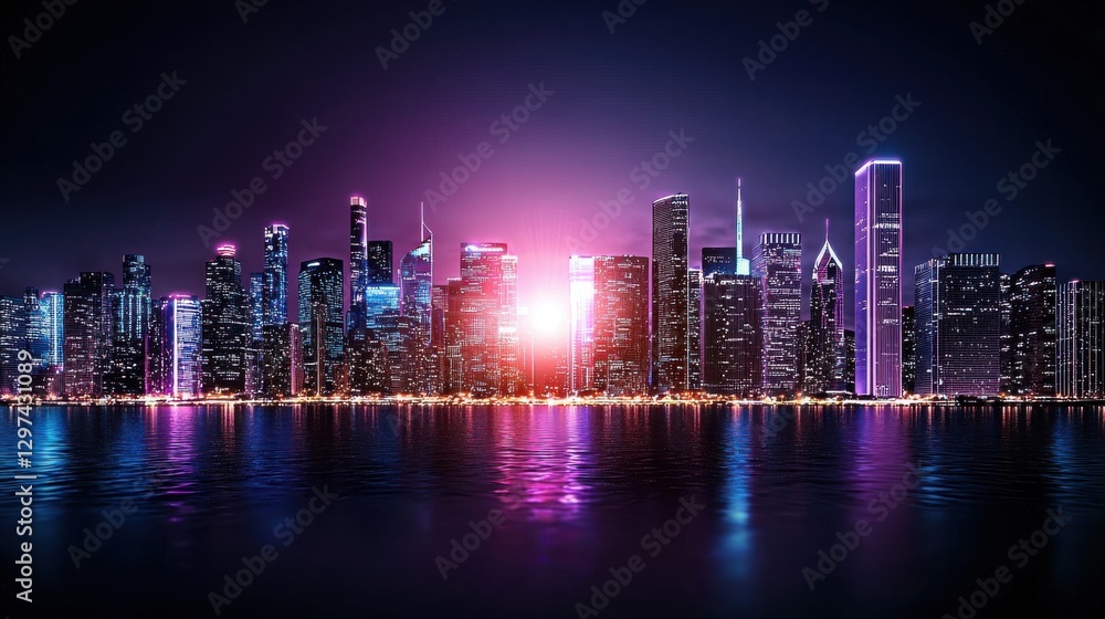 Fototapeta premium Dramatic and Vibrant Retro Synthwave Cityscape with Neon Lights Illuminating the Towering Skyscrapers Reflected in the Calm Water of the Urban Landscape