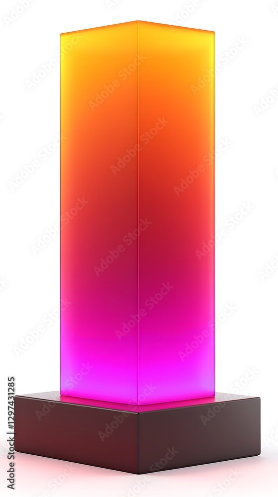 A colorful illuminated rectangular tower on a dark platform A colorful illuminated rectangular tower on a dark platform
