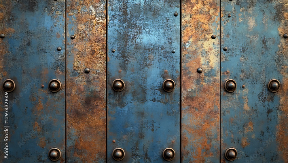 Fototapeta premium Seamless rusted metal panel texture with rivets in blue and brown tones, perfect for industrial design. High-resolution, ultra-realistic 3D rendering showcases gritty strength and depth.