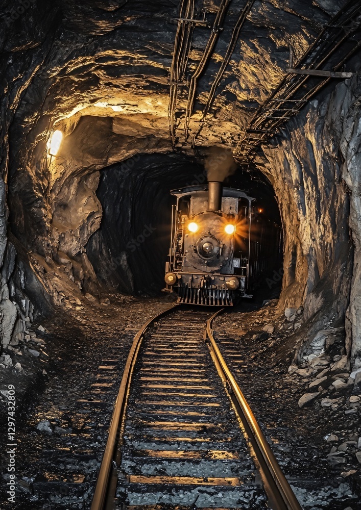 Naklejka premium Industrial underground train in black coal mine tunnel with dramatic lighting
