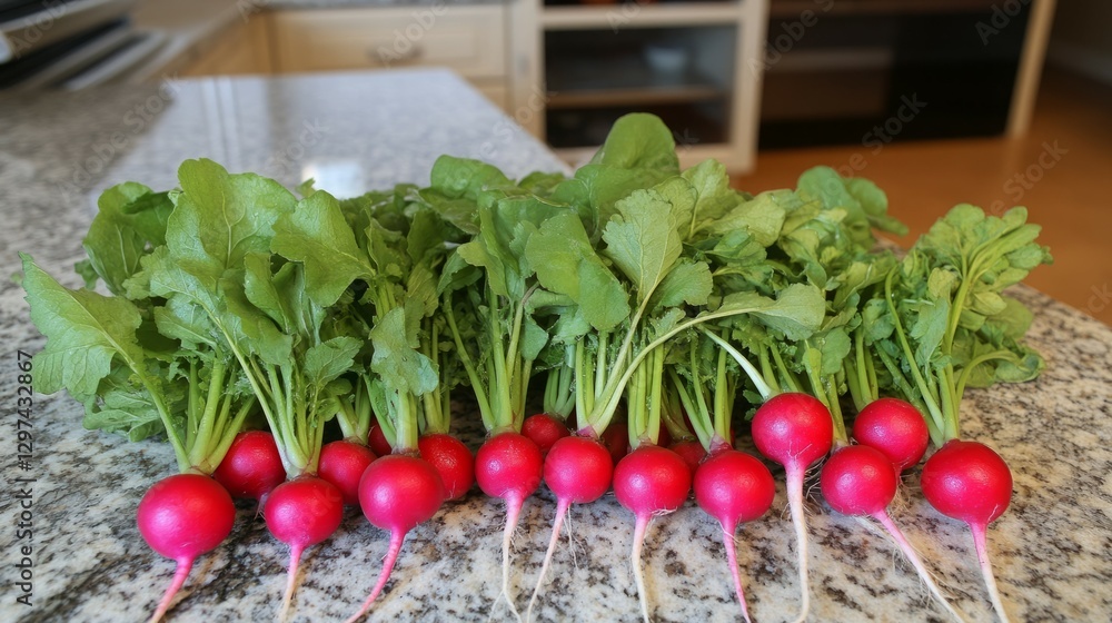 Freshly harvested radishes, vibrant red and green, displayed on a kitchen counter. Freshly harvested radishes, vibrant red and green, displayed on a kitchen counter.
